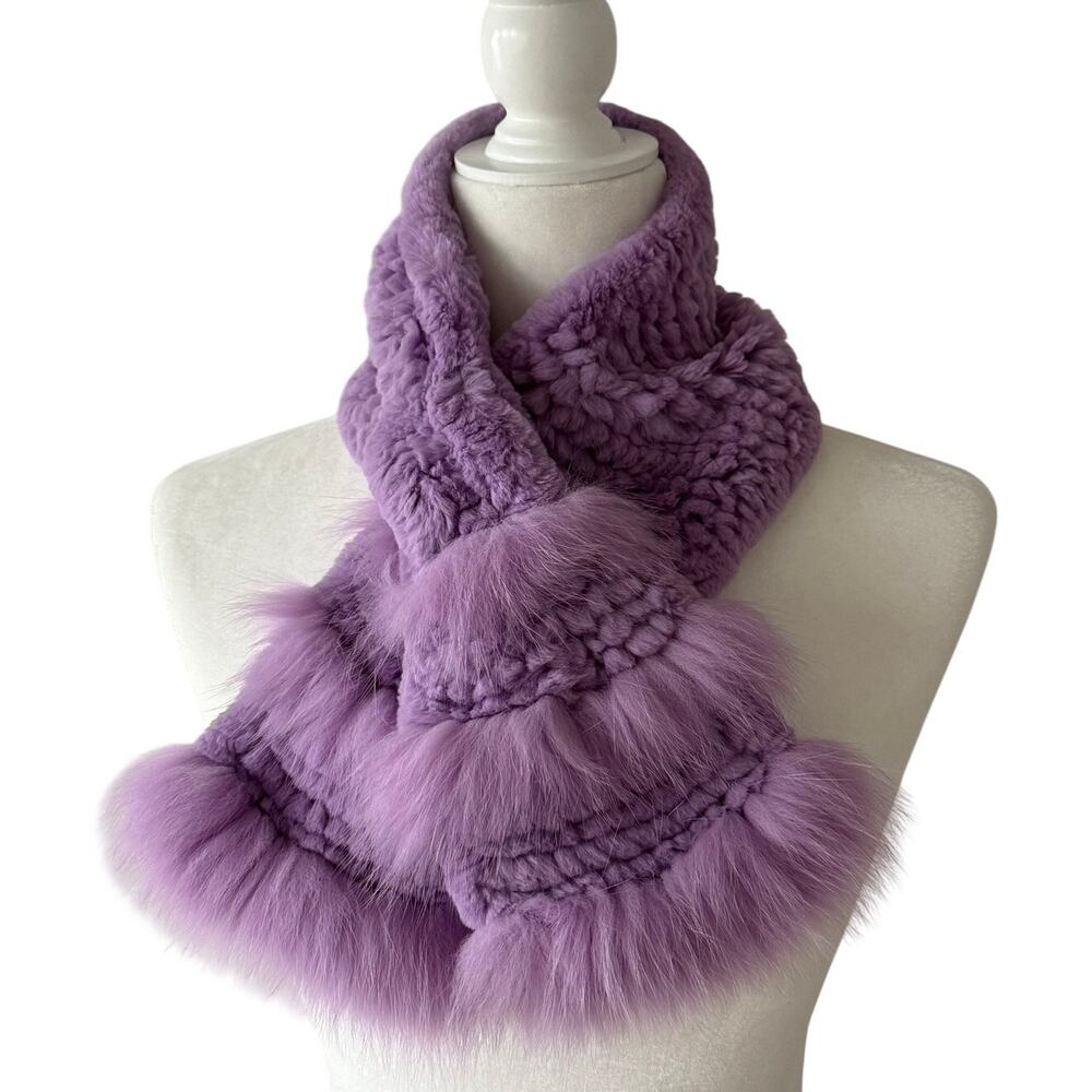 Genuine Rex Rabbit & Fox Fur Pull-Through Scarf Lavender Purple Knit Wrap